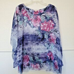 G Collection Floral Print Short Sleeve Top Size 3XL Blue Lagenlook Boxy Lined